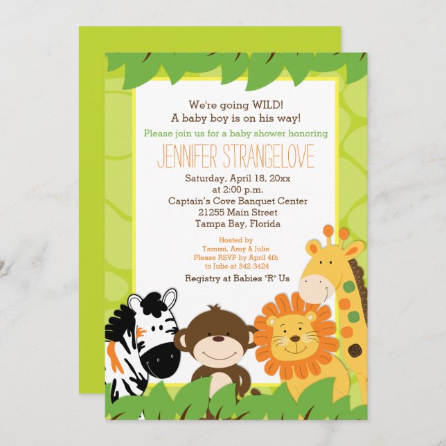 Green Jungle Safari Animals Baby Shower Invitation (Front/Back)