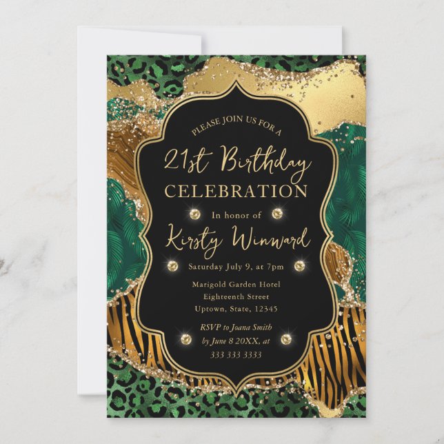 Green Jungle Safari Glitter Agate 21st Birthday Invitation (Front)