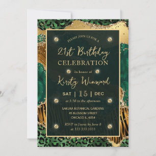 Green Jungle Safari Glitter Agate 21st Birthday Invitation