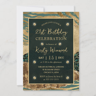 Green Jungle Safari Glitter Agate 21st Birthday Invitation
