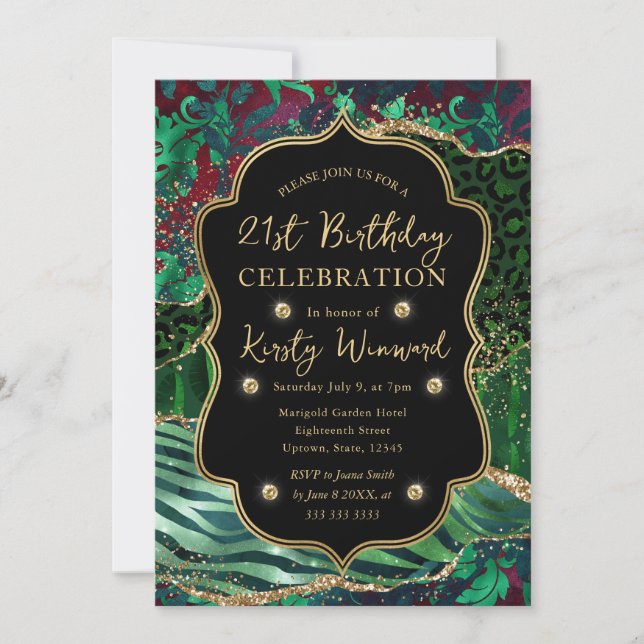 Green Jungle Safari Glitter Agate 21st Birthday Invitation (Front)