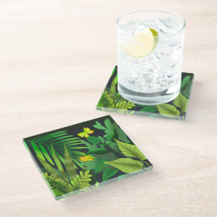 Green jungle with butterflies glass coaster