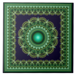 Green kaleidoscopic fractal framed ornament tile