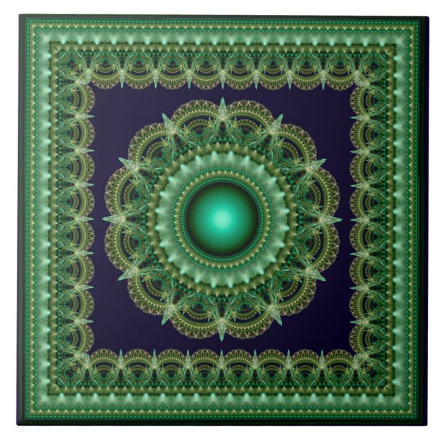 Green kaleidoscopic fractal framed ornament tile (Front)