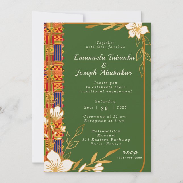 Green Kente Wedding invitation, Afrocentric Invite (Front)