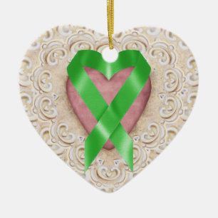 Green Kidney Cancer Ribbon From the Heart - SR Ceramic Tree Decoration