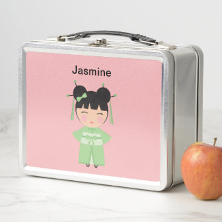 Green Kimono Japanese Doll Personalised Metal Lunch Box
