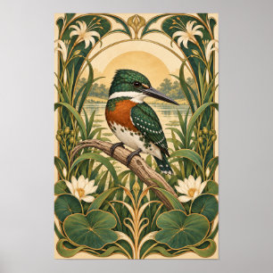 Green Kingfisher in Art Nouveau Wetlands Poster