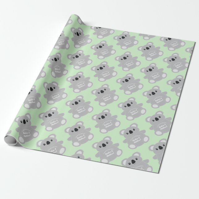 Green Koala Bear Baby Shower Wrapping Paper (Unrolled)
