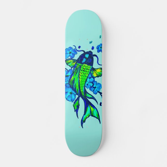 Green Koi Carp Blue Flowers Skateboard (Front)