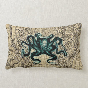 Green Kracken Illustration Map Coastal Honey Lumbar Cushion
