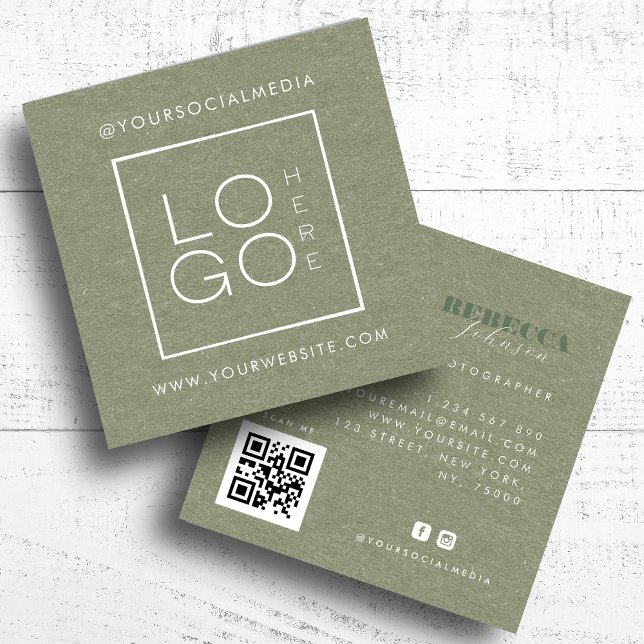 Green Kraft Custom Logo Photo QR Code Social Media Square Business Card (Creator Uploaded)