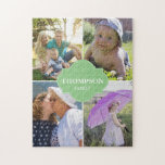 Green label vertical 4 Family Photo Collage Jigsaw Puzzle<br><div class="desc">Customise this puzzle with family photos, include your favourite photo of the kids, grandparents, parents, pets etc. Up to 4 pictures to replace. Change all the photos and family last name. Makes for a great gift for family time. A green label frame design detail on the middle. *Please don't hesitate...</div>