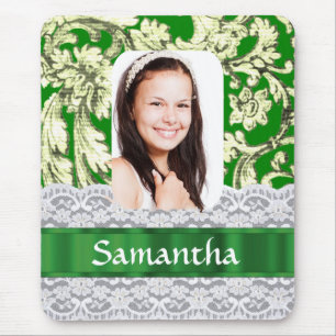 Green lace damask personalised photo mouse pad