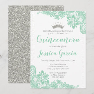 Green Lace & Silver Glitter Princess Quinceañera Invitation