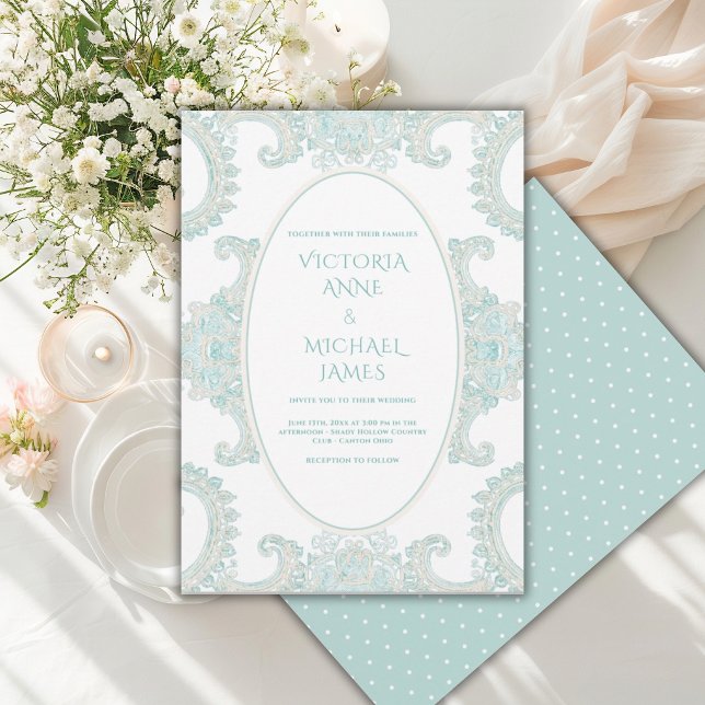 Green Lace Whimsical Vintage Wedding Invitation (Creator Uploaded)
