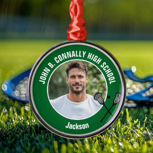 Green Lacrosse Player Photo High School Christmas Metal Tree Decoration