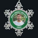 Green Lacrosse Player Photo High School Snowflake Pewter Christmas Ornament<br><div class="desc">This cool customized high school lacrosse player photo gift features white typography of your team and player name on a green snowflake Christmas ornament with a ball and rackets icon. Personalize with your athlete's photograph and class year as a proud sports parent.</div>