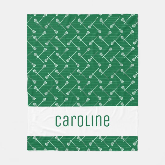 Green Lacrosse White Sticks Patterned Fleece Blanket (Front)