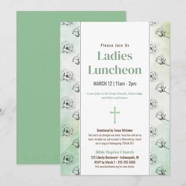 Green Ladies Church Luncheon Sketched Flowers  Invitation (Front/Back)