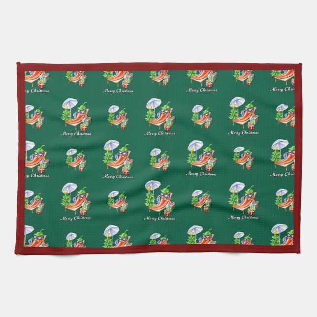 Green Landscape Chilli Merry Christmas Tea Towel (Horizontal)