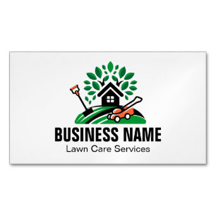 Green Landscape Logo House Tree Lawn Mower Garden Magnetic Business Card
