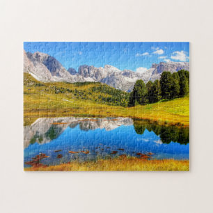 Green Landscape with Pond and Snowy Mountains Jigsaw Puzzle