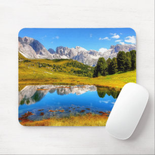 Green Landscape with Pond and Snowy Mountains Mouse Pad