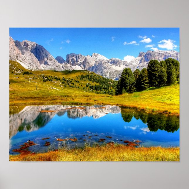 Green Landscape with Pond and Snowy Mountains Poster (Front)