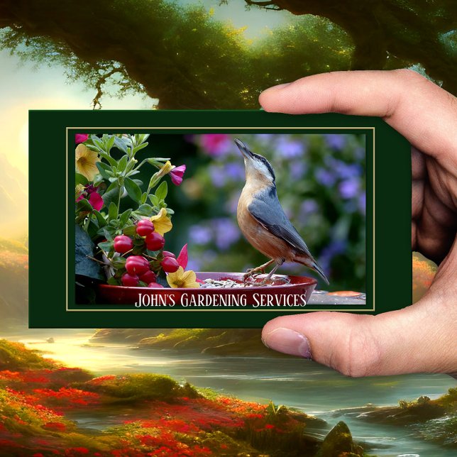 Green Landscaping Gardening Business Card (Business card featuring garden scenes with flowers and a cute bird - garden design and maintenance)