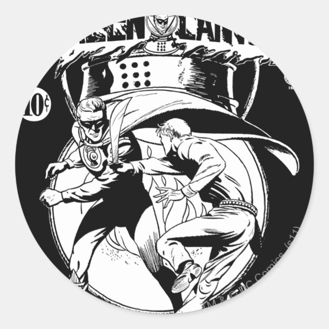 Green Lantern with cape in fight, Black and White Classic Round Sticker (Front)