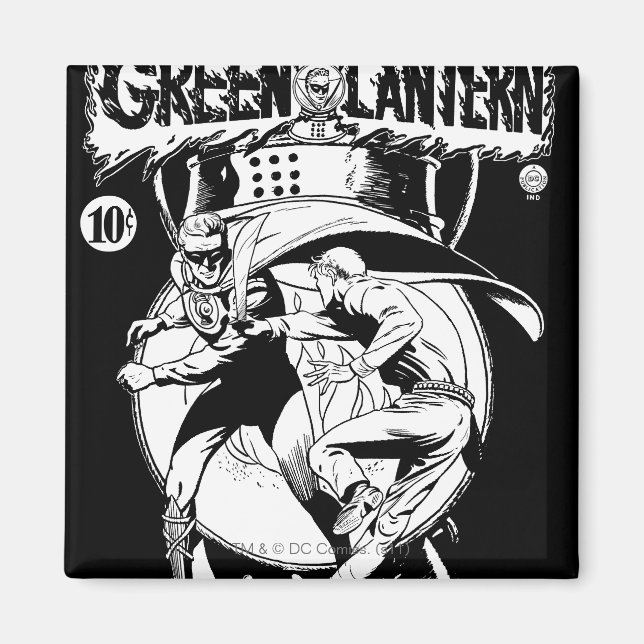 Green Lantern with cape in fight, Black and White Magnet (Front)