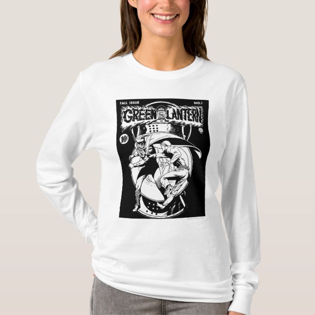 Green Lantern with cape in fight, Black and White T-Shirt (Front)