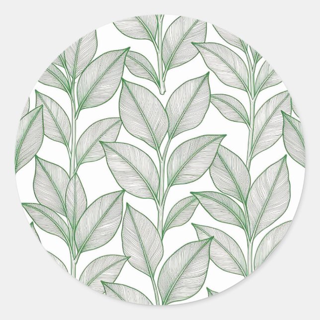 Green Laurel Leaf Botanical Pattern Classic Round Sticker (Front)