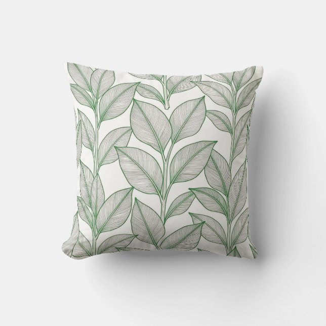Green Laurel Leaf Botanical Pattern Cushion (Front)