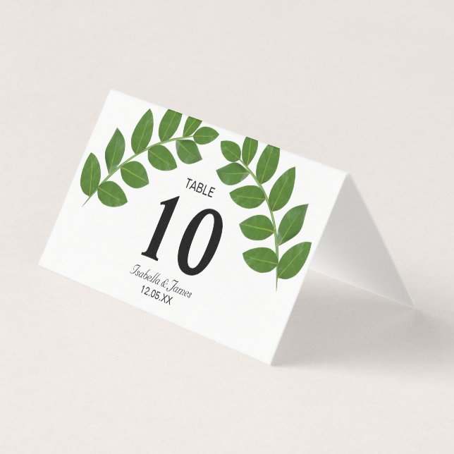 Green Laurel Leaves Wedding Fold Table Card (Front)