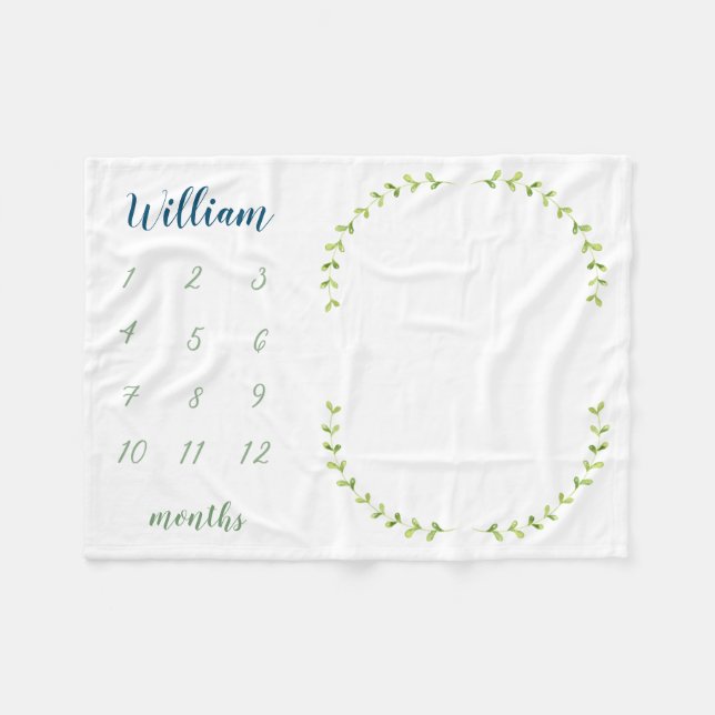 Green Laurel Personalised Baby Milestone Photo F Fleece Blanket (Front (Horizontal))