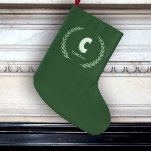 Green Laurel Wreath Letter C Monogram Large Christmas Stocking