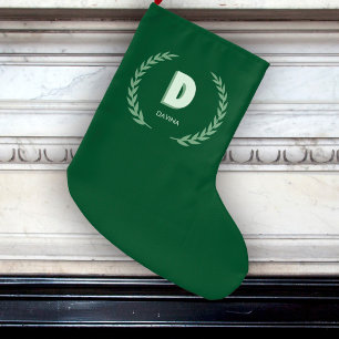 Green Laurel Wreath Letter D Monogram Large Christmas Stocking