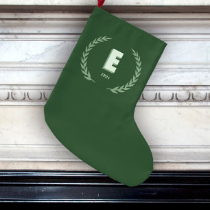 Green Laurel Wreath Letter E Monogram Large Christmas Stocking