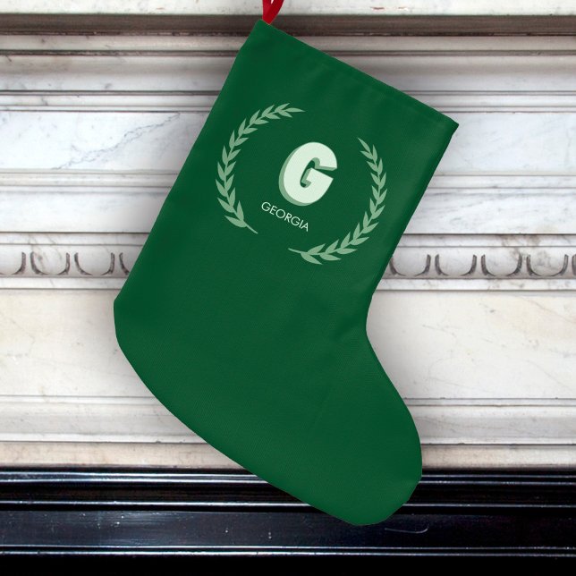 Green Laurel Wreath Letter G Monogram  Large Christmas Stocking (Creator Uploaded)