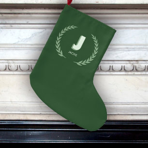 Green Laurel Wreath Letter J Monogram Large Christmas Stocking