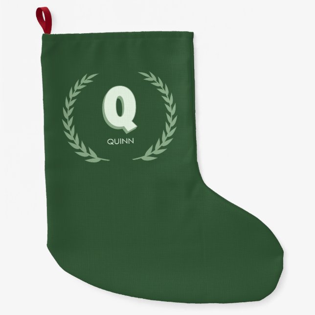 Green Laurel Wreath Letter Q Monogram  Large Christmas Stocking (Front)
