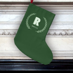 Green Laurel Wreath Letter R Monogram Large Christmas Stocking