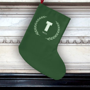Green Laurel Wreath Letter T Monogram  Large Christmas Stocking