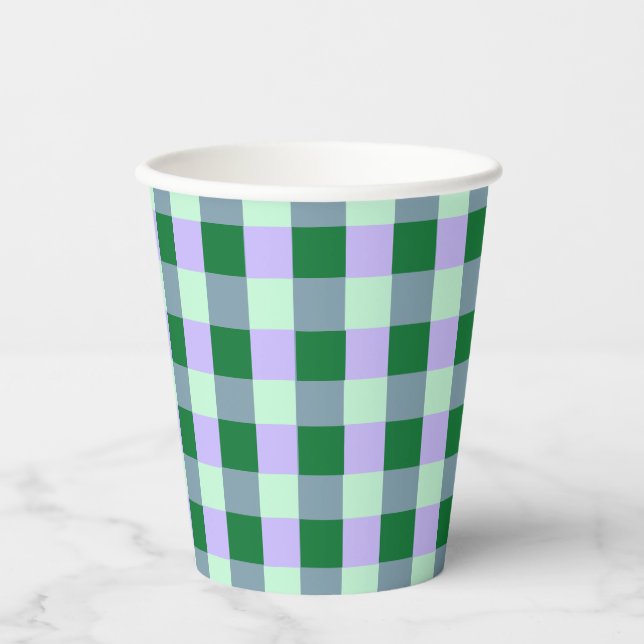 Green & Lavender Gingham Stripes Karo Pattern Paper Cups (Front)