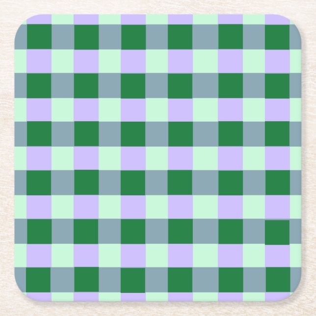 Green & Lavender Gingham Stripes Karo Pattern Square Paper Coaster (Front)