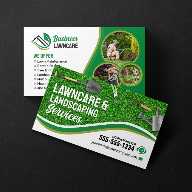 Green Lawncare Landscaping Garden Lawn Care Mowing Business Card (Creator Uploaded)