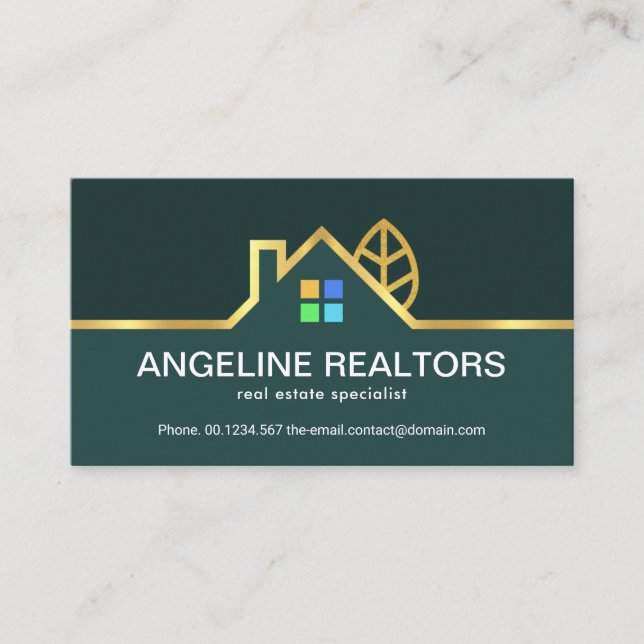 Green Layers Gold Home Landscape Border Realtor Business Card (Front)