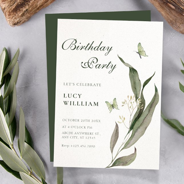 Green leaf Aesthetic elegant birthday Invitation (Creator Uploaded)
